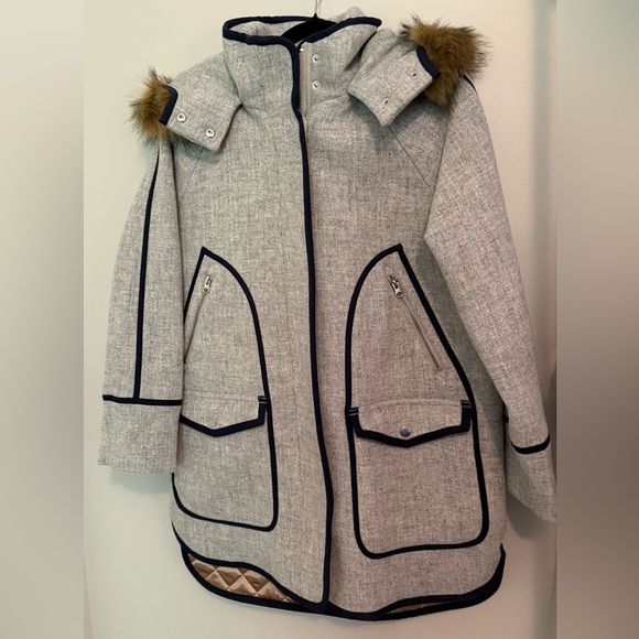 J. Crew Jackets & Blazers - J. Crew Gray Coat with Navy trim & Faux Fur Hood